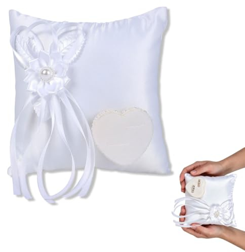 PYSEOSISE Cojín para Anillos Blanco, Cojín para Anillos de Boda con Cinta de Satén, Almohada para Anillos Cojín Anillos Boda para Compromiso Ceremonia y Propuesta