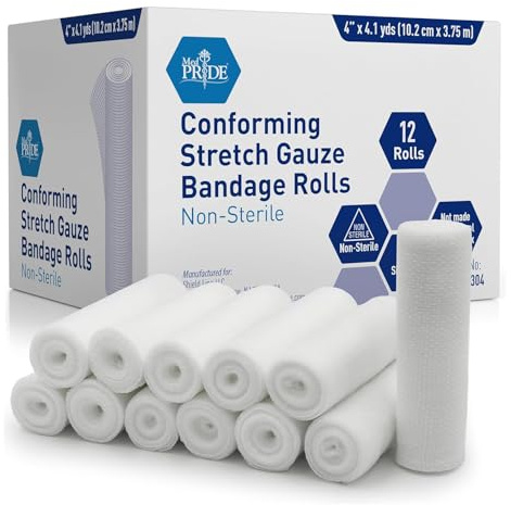 MED PRIDE Stretch Gauze Bandage Rolls 4in X 4.1 Yards, Pack of 12, Pre-Rolled Rolling Stretch Gauze for Wisdom Teeth, Wounds, Injuries