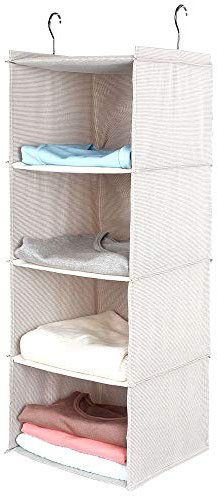 BrilliantJo hängeregal Kleiderschrank, 4 Fächer hochwertige Baumwolle Camping Schrankorganizer hänge mit Eisengestell Organizer Aufbewahrungssystem Set - Beige Karo