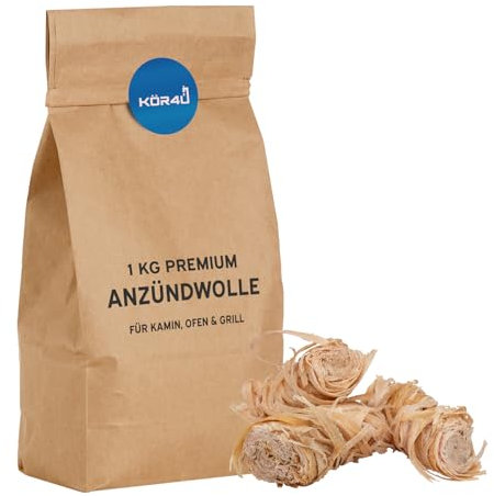 kör4u Anzündwolle 1kg, Bioanzünder in Wachs getränkt mit 10 Minuten Brenndauer, Kaminanzünder - Holzanzünder, Grillanzünder, Holzkohle - Ofenanzünder, Kaminholz, Holzwolle
