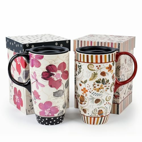 Topadorn 2 Pack Ceramic Travel Cup with Lid 17oz, Floral & Woodland Mug Set | Microwave & Dishwasher Safe, Fits Car Cup Holders, Large 500ml Capacity, Natural Coffee Taste, Ideal for Home and Office Use
