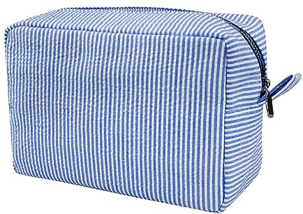 GFU Makeup Bag for Women, Cute Cosmetic Bag, Lightweight Toiletry Make up Bag, Large Seersucker Aesthetic Organizer Storage Pouch for Girls, Women and Moms Gifts, Blue