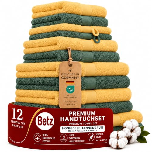 Betz Premium Handtuch-Set 12-teilig – 100% Baumwolle – Oeko-TEX® Zertifiziert – 470 g/m² – 2 Duschtücher, 4 Handtücher, 2 Gästetücher, 2 Seiftücher & 2 Waschhandschuhe - Farbe honiggelb/tannengrün