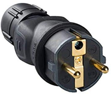 Fiche professionnelle 2P+T avec protection contre les intempéries en caoutchouc noir, 16 A 230 V et grande résistance aux utilisations sévères (Legrand 050340)