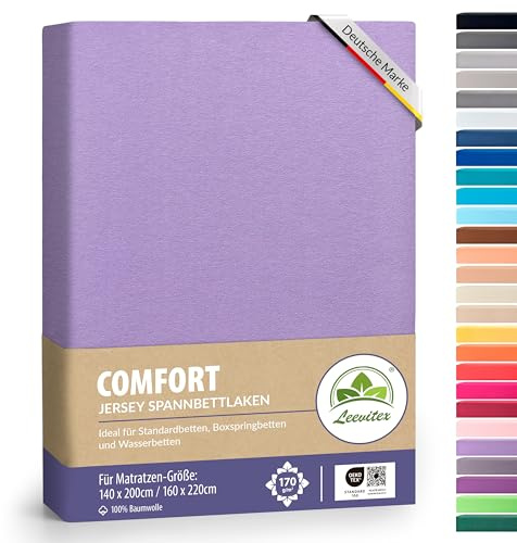 leevitex® Premium Spannbettlaken 140x200-160x220 cm - 40 cm Steg - auch für Boxspringbett & Wasserbett | 100% Mako-Jersey-Baumwolle | ÖKO-TEX | 170g/m² | Flieder/Lavender