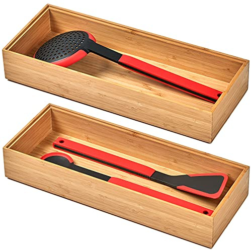 Umilife Bamboo Kitchen Drawer Organizer Boxes with Anti-Skid Silicone Feet, 2pcs Stackable Storage Bins for Kitchen Utensils & Silverware & Desk Drawer & Makeup, Tools Holder, 15”L x 6”W x 2.5”D Each