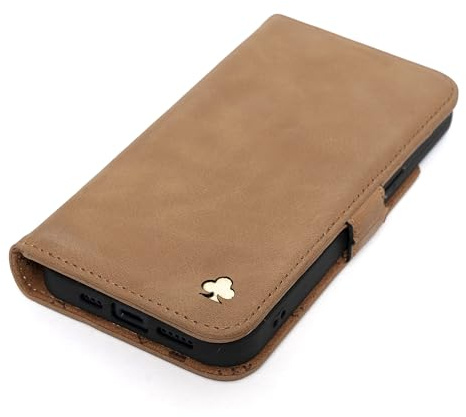 Porter Riley – Lederhülle für das iPhone 13 Mini (5,4 Zoll). Hochwertiges Echtleder-Ständer-/Cover-/Brieftaschen-/Klappetui mit Kartenfächern, horizontalem Standfuß und robustem Rahmen (Hellbraun)