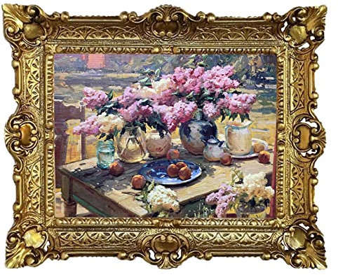 Wunderschönes BiLD 56X46 CM By O. Berberian Vase - Blumen mit Hyazinthen Gemälde Bilder Bild mit Rahmen Barock Antik Repro Rahmen 50B