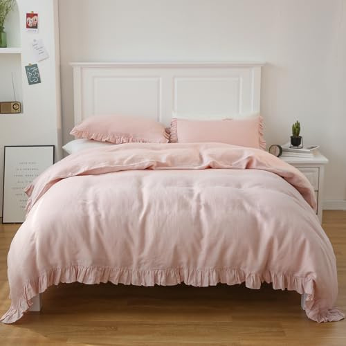 Simple&Opulence 100% Linen Duvet Cover Set, Natural French Flax Blush Pink Ruffle Duvet Cover Twin Size, Breathable Comfy Linen Bedding Comforter Cover with 1 Pillowcase (Blush Pink, 68 X 86)