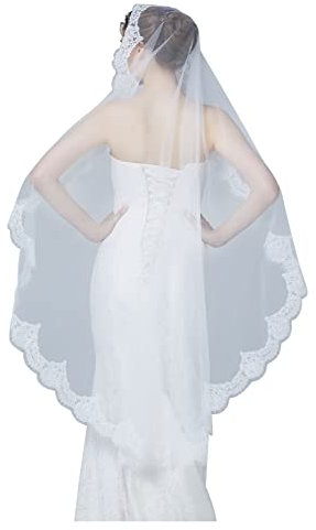 BEAUTELICATE Schleier Lang Brautschleier Mantilla Wimpern Spitzenborte für Braut Hochzeit Rohes Weiß Elfenbein Walzer Kathedralen 1 Schicht, Aus Weiß - Kathedralenlänge