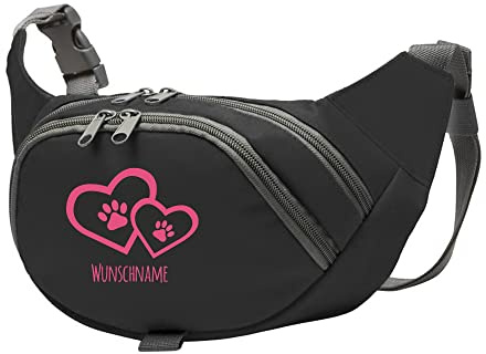 Hundesport Bauchtasche Leckerlie-Tasche mit 2 Herzen, 2 Pfoten und Wunschnamen personalisiert | Hundetraining | Leckerlie Beutel (Schwarz/Pink)