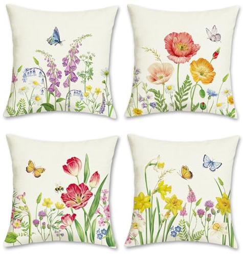 Bonhause 4er Set Kissenbezüge Blumen Garten 45 x 45 cm Blume Schmetterlinge Dekorative Kissenhülle Zierkissenbezüge für Sofa Schlafzimmer Zuhause Dekoration