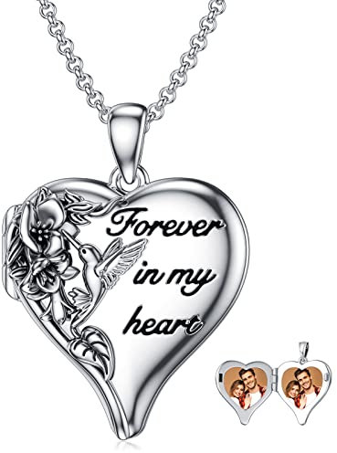 HARMONY BOLA Kolibri Damen Kette Foto Herz Medaillon Photo Bilder Amulett Sterling Silber Bild Medaillon Anhänger Schmuck Geburtstag Geschenke für Mama Frauen