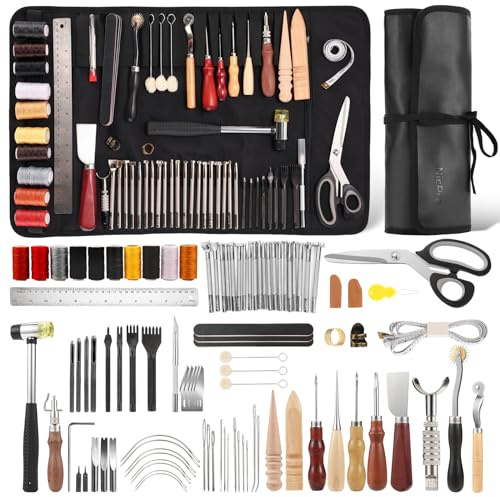 Nicpro Kit de herramientas de trabajo de cuero de 85 piezas Kit de herramientas de cuero con bolsa de almacenamiento personalizada, herramientas de manualidades de cuero para principiantes para