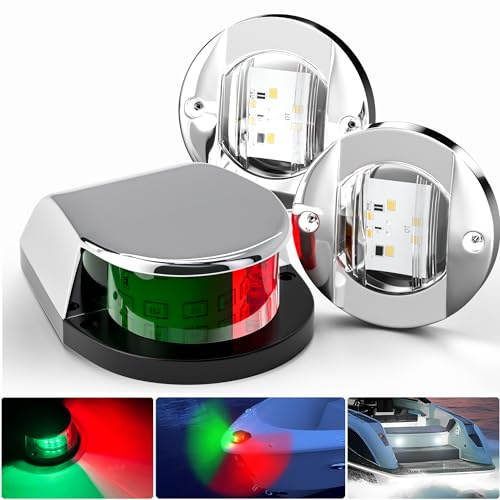 PSEQT Boat Navigation Lights LED Waterproof Marine Bow Stern Side Interior Deck Transom Lights w/Chrome bezels for Pontoon Fishing Small Bass Boat Yacht Kayak (1Pcs Red and Green, 2Pcs White)