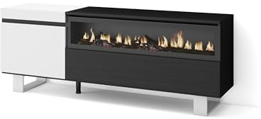 Skraut Home | TV-Schrank, Lowboard | für Wohnzimmer und Esszimmer | 150x57x35cm | Für TV-Geräte bis zu 65 | Elektrokamin. Maße | Industriedesign | Moderner Stil | Weiß und Schwarz