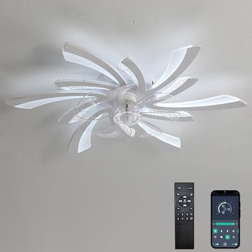 YUNZI 78CM Ventilatore Da Soffitto Con Luce E Telecomando Motore DC Reversibile Silenzioso Plafoniera Con Ventilatore Per Camera Da Letto Soggiorno LED Dimmerabile Design-White