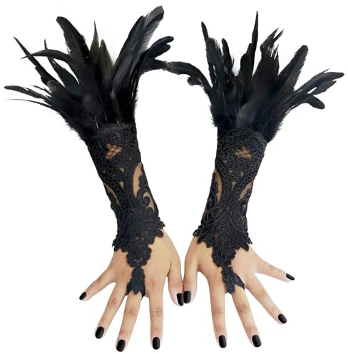 Sunwuun Damen Federstulpen, Schwarz, Durchschnittsgröße, Spitze, Federn, Manschetten Armbänder, Kostüm Accessoires, Halloween, Karneval, Gothic, Cosplay