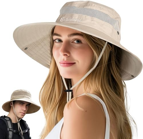 FLEERNIO Beige Unisex Erwachsene Sonnenhut, UV Schutz 50, Faltbar, Atmungsaktiv, Wasserresistent, Cowboy Stil, Für Outdoor Aktivitäten, Wandern, Angeln, Camping, Strand, Parks, Casual