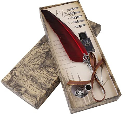 WGFOIP Dip Pen, Elegantes Antikes Schreibset mit 5 Federn, Kalligraphie-Briefpapier-Geschenkbox für Künstler, Studenten, Rot, 1 Packung (Rot)