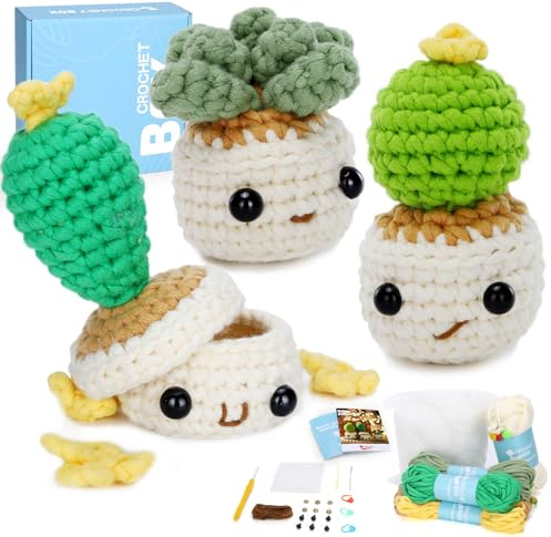 Beginner's Smiley Potted Plant Crochet Kit for Adults - Knitting Soft Yarn, Step-by-Step Video Tutorial, Birthday Gift
