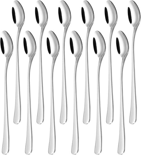 Evokk 12 Pcs Stainless Steel Latte Spoons Long Handle – Durable Long Coffee Spoons for Espresso, Tea, Desserts, Ice Cream, Hot Chocolate – Elegant Long Handled Teaspoons for Home and Cafe Use