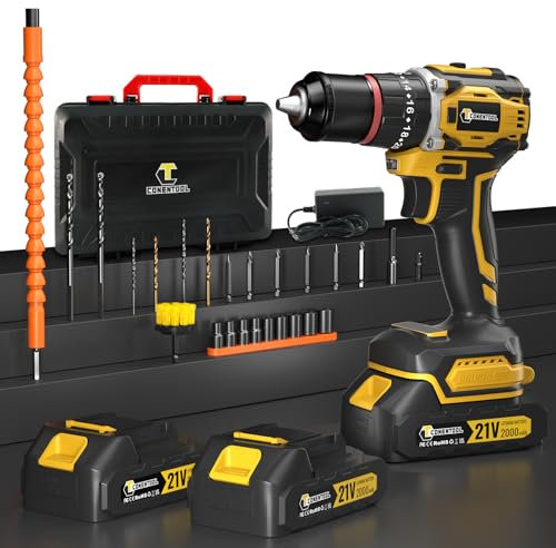 CONENTOOL 21V Akkuschrauber Set, Akku bohrschrauber mit 2x 2000mAh Akkus, 45 N.m Max schlagbohrschrauber, 2-Gang, Drehmoment auf 18+1 Stufen, Akkubohrer mit 36PCS Zubehöre