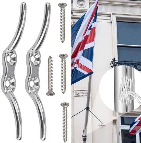 DILUSILK 6 Pcs Cleat Hook Heavy Duty Galvanised Rope Cord Cleat Hook, Flagpole Trailer Rope Tiebacks Roman Blind Cord Hooks for Washing Line (2 Rod Hooks + 4 Screws)