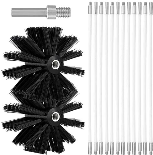 Ruolin Chimney Brush, Fireplace & Dryer Vent Cleaning Kit, 125mm Diameter, 2 Brush Heads & 12 Flexible Nylon Rods, Black Nylon Bristles & Material