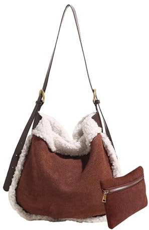 CORIOS Dam mocka tygväska axelväska med lammull vintage crossbody väska mjuk plysch topphandtag väska stor kapacitet handväska lätt messengerväska skolväska med myntväska 2 st set, Kaffe, Large