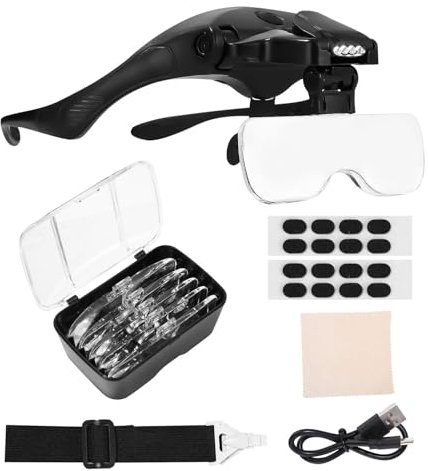 Lupenbrille mit Licht, Vergrößerungsbrille,Brille USB Ladung mit 4 LED Licht und 2 Einstellbarer Helligkeit Lupenbrille für Brillenträger, Kopflupe 5 Linsen 1,0X 1,5X 2,0X 2,5X,3,5X,Schwarz