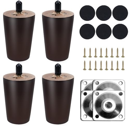 COEWUR 4 Pièces Pieds de Meubles Bois 10cm Noyer Ronde pour Lit | Pieds de Lit avec Plaque de Montage Vis Patins en Feutre Pieds pour Lit Meuble TV Commode Armoire Fauteuil Table