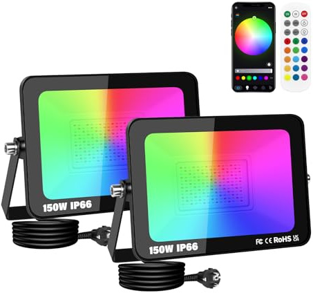 SKYWORLD 2 x 150W Foco LED RGB Exterior, Proyector LED Multicolor Impermeable, Control de APP, Luz de Inundación RGB Foco de Colores Smart LED Floodlights para Jardín Parque Hotel Terraza