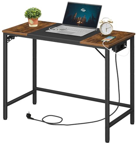 HOOBRO Schreibtisch, Computertisch, Homeoffice-Tisch mit Ladestation, Zweifarbige Tischplatte, 3 Haken, Industriell, Metallgestell, für Arbeitszimmer, Wohnzimmer, Retro-Braun und Schwarz EBF40CDN01N1