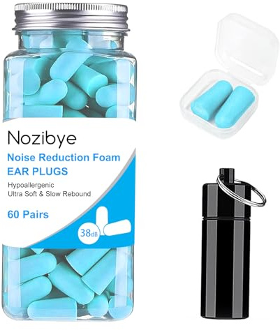 Nozibye Foam Earplugs for Sleep, 60 Pairs Ultra Soft Earplugs with 38dB SNR Noise Reduction, Includes 2 Travel Cases, Reusable Foam Ear Plugs for Sleeping, Snoring, Studying, Work - Powder Blue