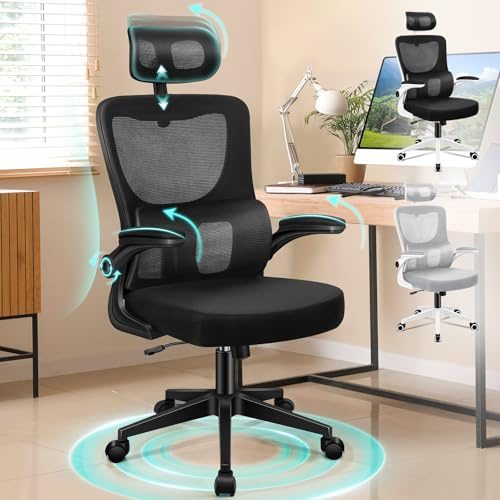 ALFORDSON Hochlehner Bürostuhl, Höhen- und Winkelverstellbare Kopfstütze, Breite Rückenstütze, Hochwertiger Schaumstoff, Hochklappbare Armlehnen, 360° Drehfunktion, 180kg, Nyles, Schwarz