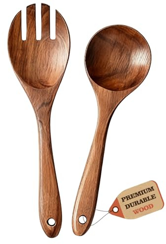 Set de 2 Pièces Ustensiles à Salade en Bois, Couverts pour Salade et Fruits, Naturel, Fait Main, Léger et Écologique, Parfait pour Buffets, Repas Familial, Pique-niques et Cuisine Quotidienne