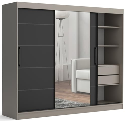 Brent - Kleiderschrank mit Spiegel und Schubladen 235cm Breit Chelsea Tomy, Schwebetürenschrank mit Spiegel, Schlafzimmerschrank, Kleiderschrank Stein/Schwarz