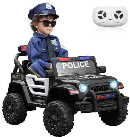 TOBBI Electric Cars for Kids Police Car Ride on Toy with Remote Control 4 Wheels Battery Powered Vehicles Cop Truck w/Music, Headlights for Toddlers 1-6 Years to Drive, Black