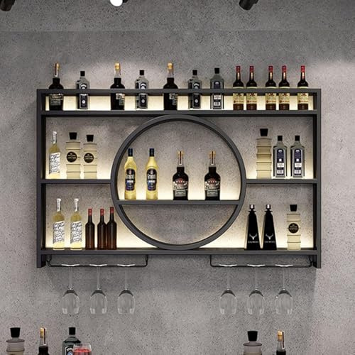 ININOSNP Stapelbares Weinregal LED-beleuchtetes Schnapsflaschenregal, Wandmontage, Metall, Weinflaschen- und Glasregal, Präsentationsregal(Black,140x15x80cm)
