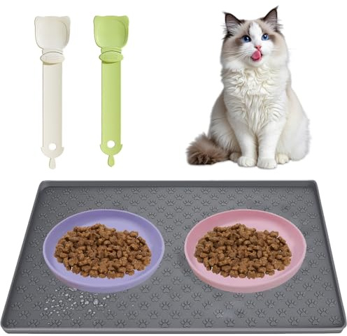 Set comederos de Silicona para Gatos – 2 Cuencos Gato Planos + 2 cucharas de alimentación para Gatos + 1 Alfombrilla de Silicona para Cuenco de Gato, Ideales para Comida húmeda, Seca y Agua