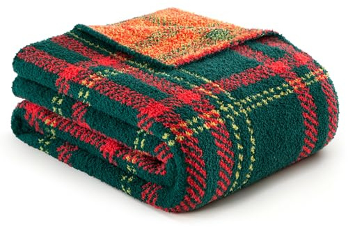 Exclusivo Mezcla Checkered Blanket, Ultra Soft and Warm Reversible Woven Knit Blanket, Lightweight Cozy Snuggly Throw for Couch Bed, Plaid Red and Green, 127x152 CM