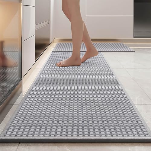 43x150cm Küchenteppiche Teppich Küche Küchenläufer Waschbar Rutschfest Gewebte Küchenteppich mit Gummi, Flurläufer Teppichläufer Teppich Läufer Flur Rutschfest Küchenmatte für Küchen Eingang (Grau)