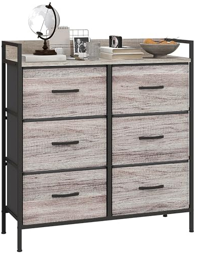 HOMCOM Cómoda con 6 Cajones de Tela Plegables, Cómoda para Dormitorio Industrial con Estante Abierto, Marco de Acero, Cajonera para Espacios Pequeños, Sala de Estar, Vestidor, Baño, Gris