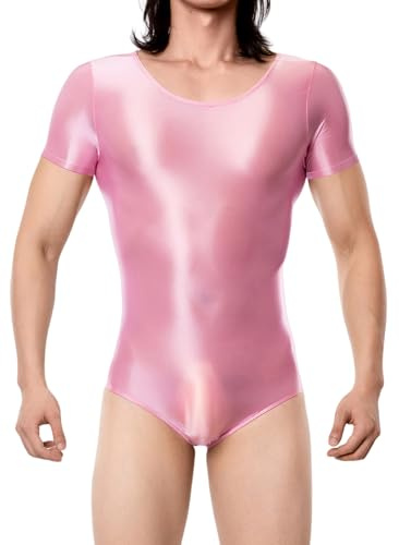 FEOYA Herr Brilliant Wetlook jumpsuit Catsuit Kortärmad Sexig Body, rosa, L