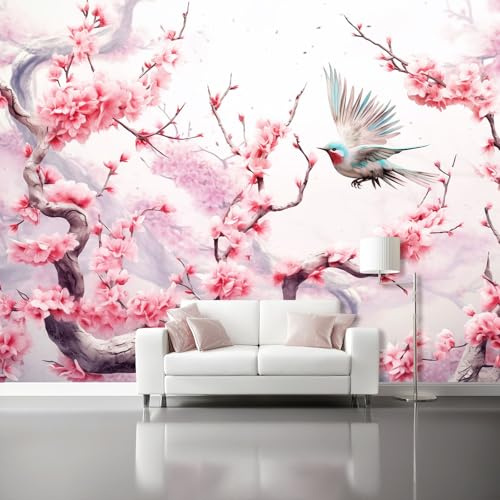 Murale in Carta da Parati Non Tessuta Colorato - tradizionale Ciliegio in fiore Uccello Acquerello Stampato in Alta Definizione - Perfetto per Casa, Ufficio, Ristorante, Hotel - 200 x 140 cm