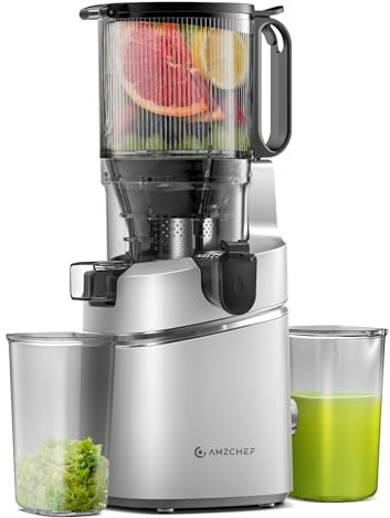AMZCHEF Extracteur de jus automatique, tout-en-un, 250 W, ouverture de 135 mm et extracteur de jus de 1,8 l, pour légumes et fruits, sans BPA, avec triple filtre, argenté