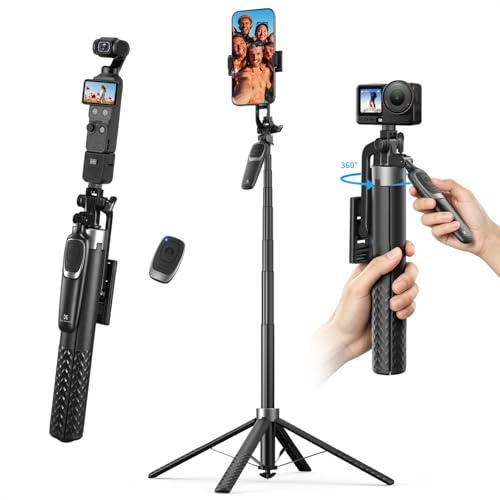 K&F CONCEPT 180 cm Phone Tripod, Auto-Opening Selfie Stick with 4-Leg Tripod Base, 360° Rotating Tripod Stand with Wireless Remote, Compatible with iPhone, Android Insta360 Luna Ultra & Pocket 4/3