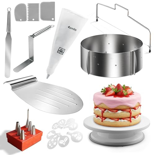 4smile Tortenschneider-Set, 24 Teile - Tortenheber, Tortenring verstellbar hoch 8,5 cm, Tortenschneider, Tortenplatte drehbar, Streichpalette, Winkelpalette, Spritzbeutel mit Tüllen, Tortenschablone