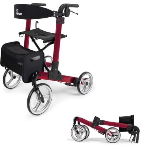 Parvum Luxo Rollator - Leicht & 2-fach faltbar – Mit integriertem Bremssystem, gepolsterter Sitz- und Rückenlehne, Tasche, Stockhalter – 6,9 kg – Gehhilfe für Senioren 160-182 cm - Rubinrot, Medium